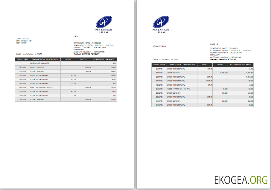 Malaisie Perbankan Islam relevé bancaire modèle Word et PDF